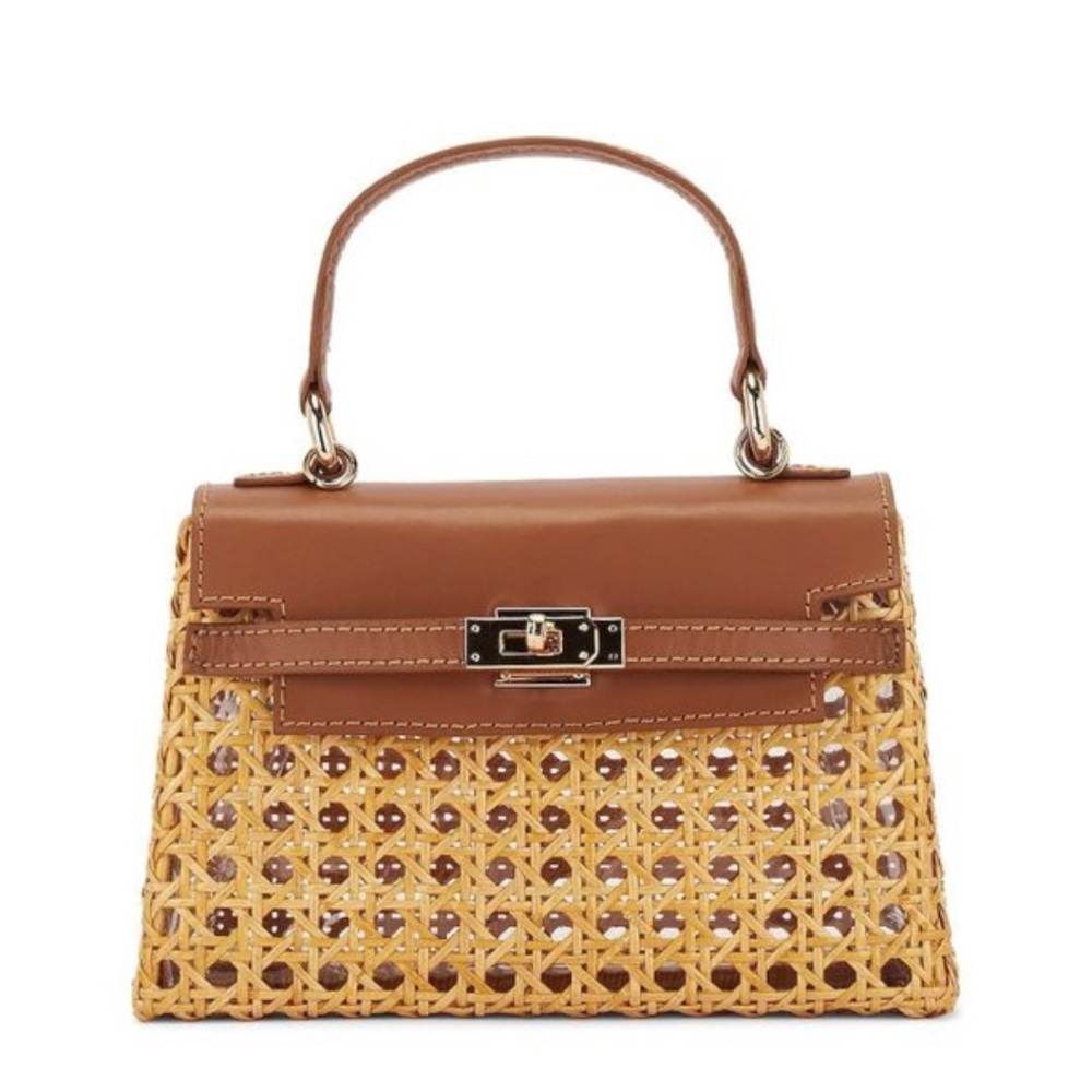 Serpui Justine Light Honey Wicker Leather Top Handle Crossbody Bag NWT
